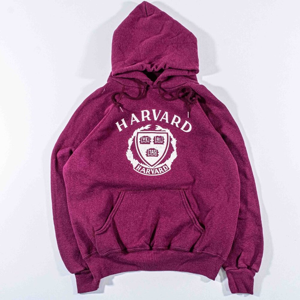 Vintage 80s Champion Harvard Hoodie Large Made in USA Raglan Maroon Sweatshirt